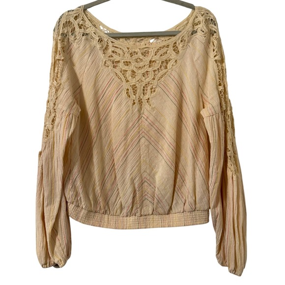 Free People Tops - Free People Crochet Lace Peasant Blouse Cream Striped Cotton Smocked Top Large